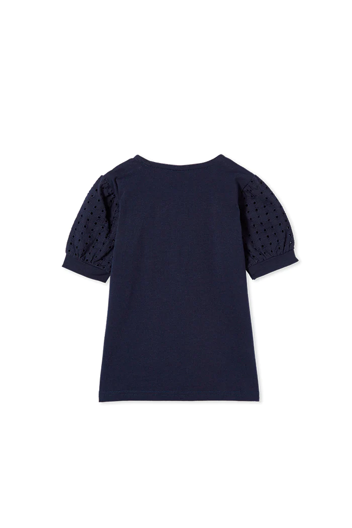 Navy Broderie Sleeve Tee - Image 2