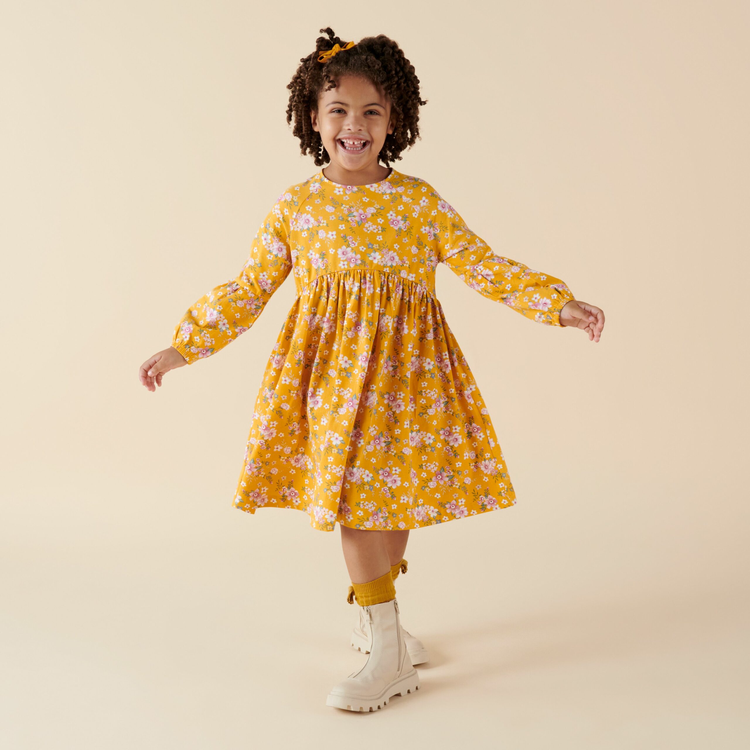 Millie Floral L/S Poodle Sleeve Dress - Honey Gold - Image 5