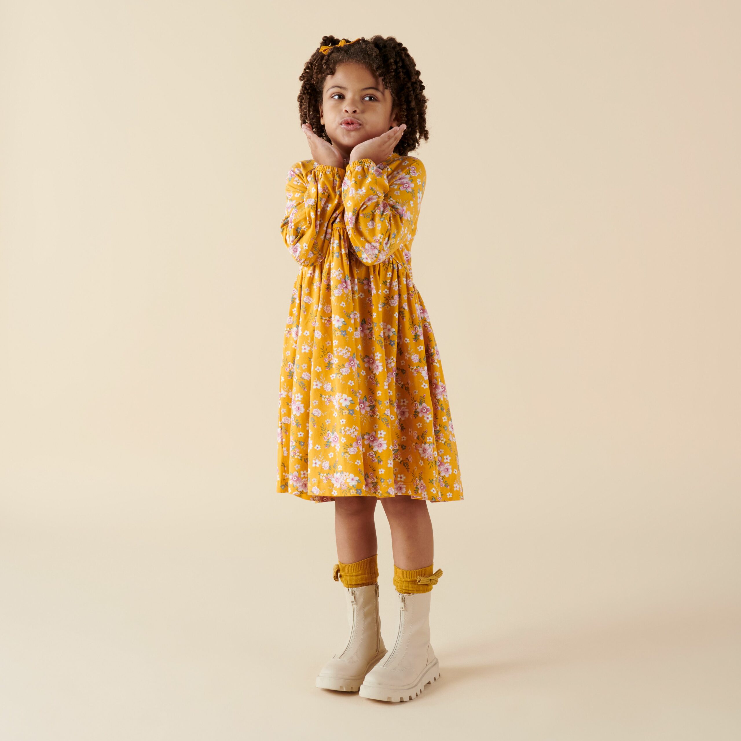 Millie Floral L/S Poodle Sleeve Dress - Honey Gold - Image 6