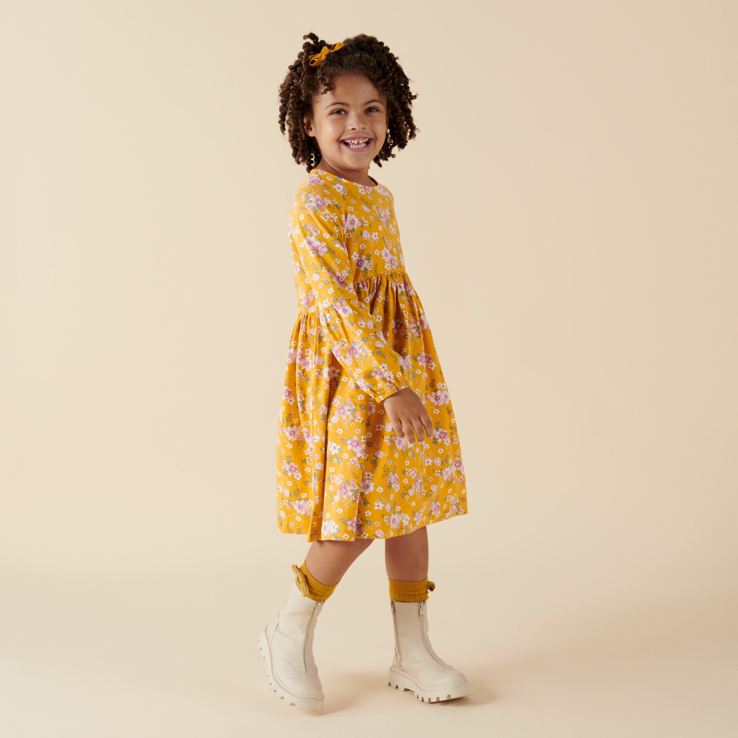 Millie Floral L/S Poodle Sleeve Dress - Honey Gold - Image 7