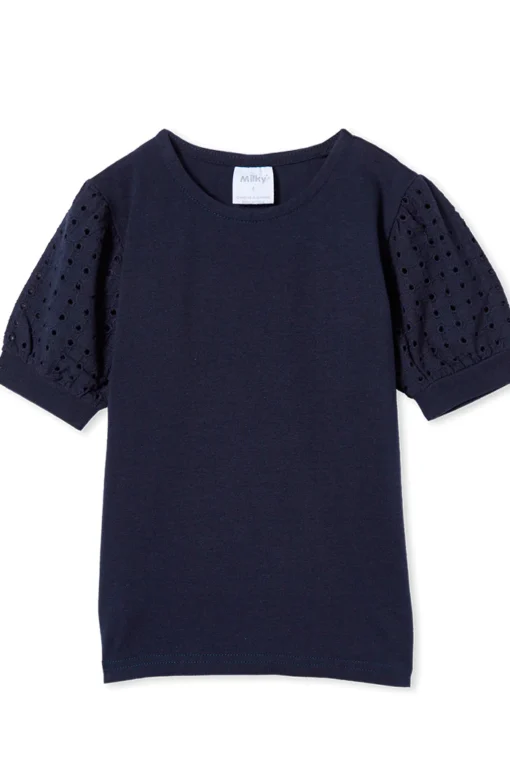 Navy Broderie Sleeve Tee - Image 3