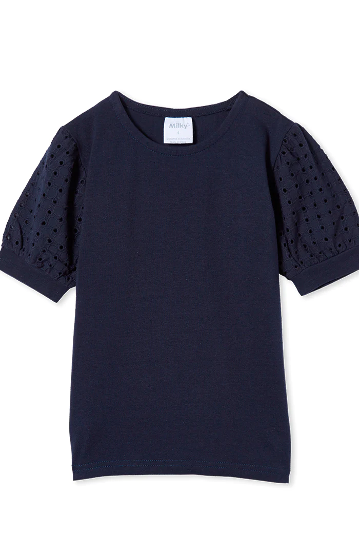 Navy Broderie Sleeve Tee - Image 3