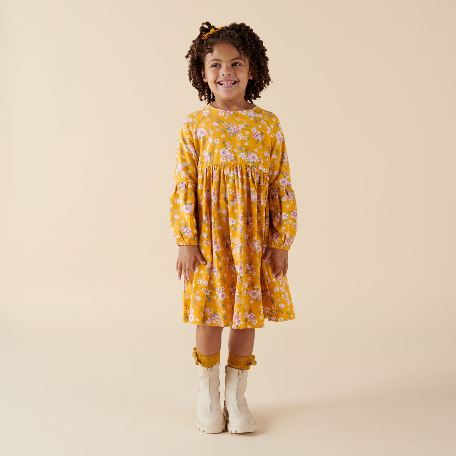 Millie Floral L/S Poodle Sleeve Dress - Honey Gold - Image 8